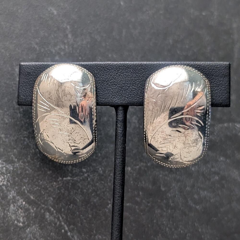 Vintage Clip On Earrings Large Curved Sterling Silver 925 Etched - Tarnished